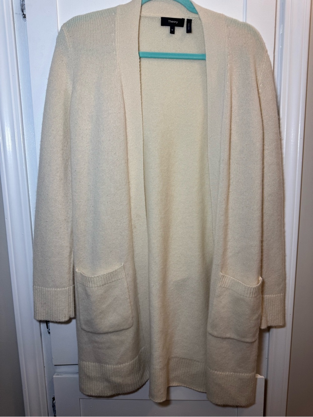 Theory Women’s M 100% Cashmere Cardigan Ivory Open Front Belted Long Sweater